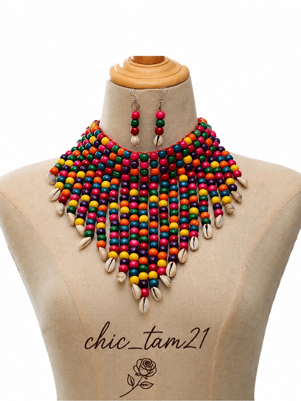 Multicolor Beaded Fringe Necklace with Shell Accents